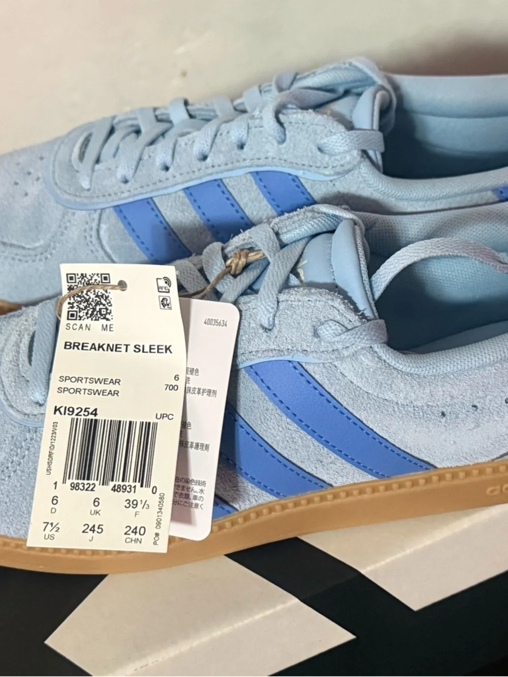 adidas Originals Light Blue Suede Sneakers with Blue Stripes and Gum Sole